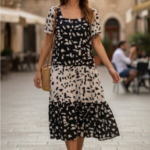 Liquorish Black & White Abstract Print Midi Dress Size 12 NWT